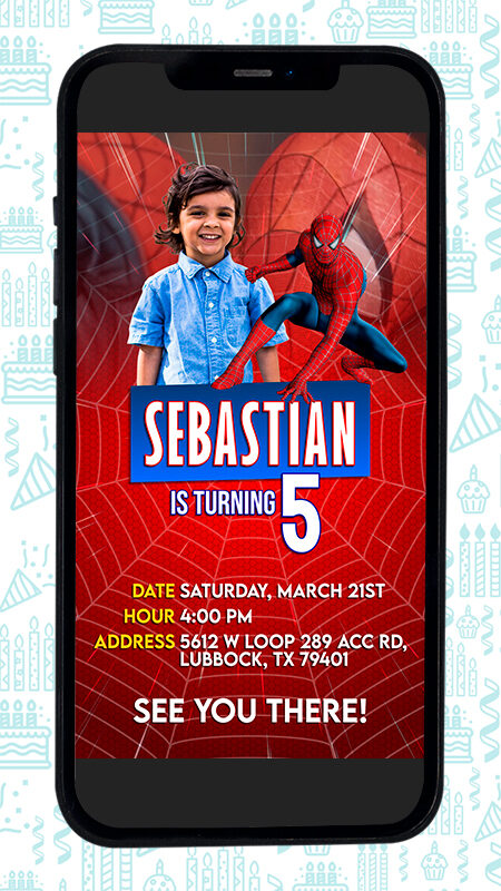 Spiderman video invitation with photo for birthday