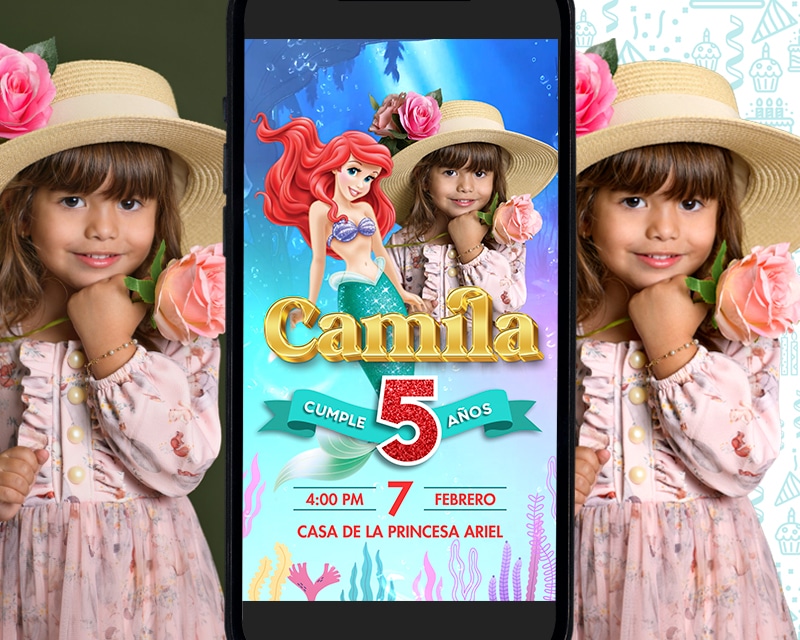 Video invitación de La Sirenita Ariel con foto editada sin fondo